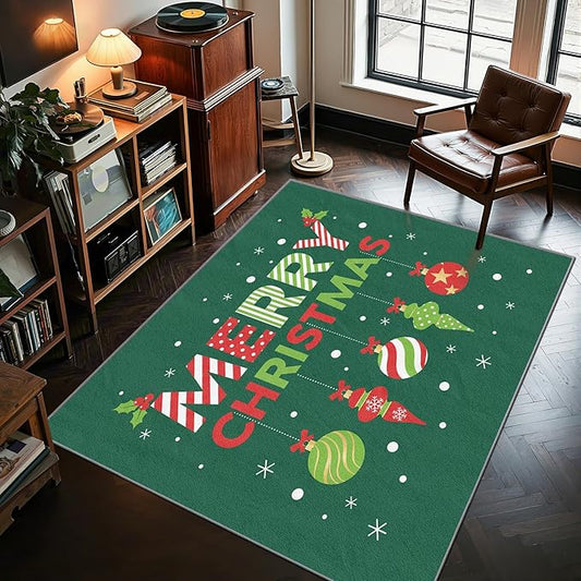 Merry Christmas Rug Indoor - 4x6 Rug, Christmas Ornament Living Room Rugs, Xmas Bedroom Rugs, Modern Xmas Carpet, Holiday Kids Home Decor & Gifts