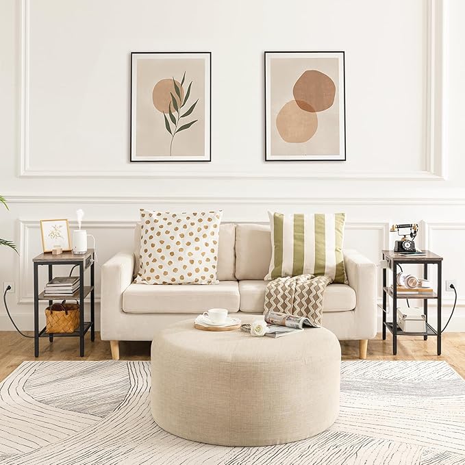 HOOBRO End Tables Set of 2 with Charging Station and USB Port, 3-Tier Nightstands with Adjustable Shelves, Small Side Tables for Small Space in Living Room, Bedroom and Balcony, Greige BG112BZP201