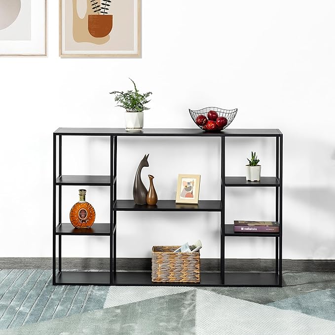 47 Inch Metal Console Table with 8 Storage Shelves,Extra Long Entryway Table,Narrow Sofa Table,Hallway Table for Entrances to Corridor,Foyer,Living Room (Black, 47.24×11.81×31.5in)