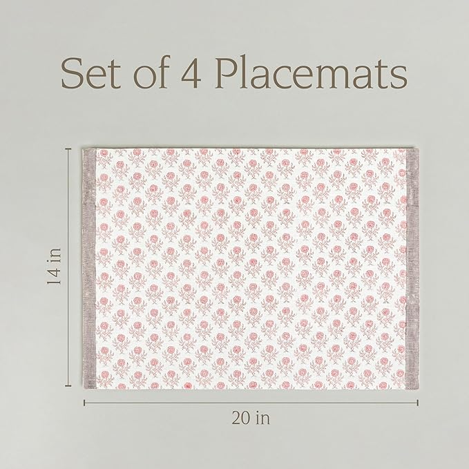 Over&Back Set of 4 Hand-Blocked Placemats - Colorful Dining Table Mat - Each Placemat is Unique - 100% Cotton - Machine Washable - Kitchen and Home Decor - Pink Blossom