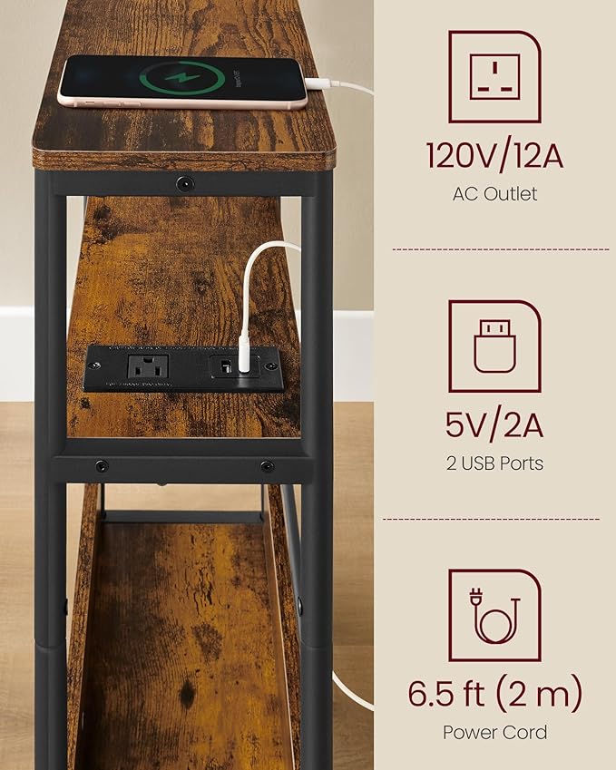 VASAGLE Side Tables with Charging Station, Set of 2 Narrow End Tables, 3-Tier Nightstands, Sofa Tables for Small Spaces, for Living Room, Bedroom, Study, Rustic Brown and Ink Black ULET664K01