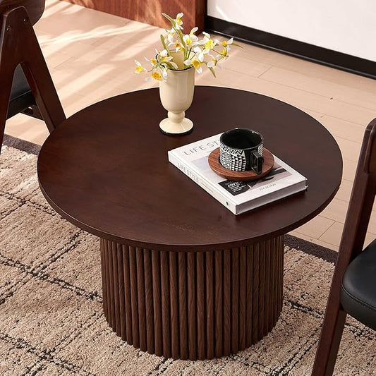 27" Round Coffee Table, Coffee Table for Living Room, Mid Century Modern Wood Coffee Table, Drum Accent Small Center Table, Walnut Wood Veneer