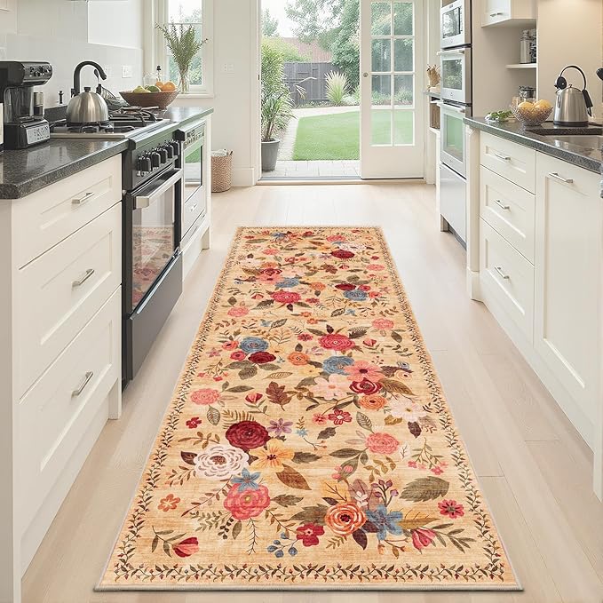 Rug for Hallways Kitchen Rug 2x6, Non Slip Washable Rugs with Rubber Backing Soft Floral Carpet Runner for Hallways, Kitchen, Laundry, Bedroom, Bathroom (2 x 6, Yellow Lawn)