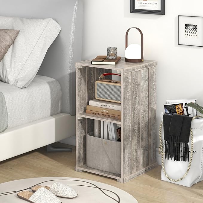 Giantex 2-Cube Bookcase Set of 2, 3-Tier Paulownia Wood Cubic Organizer w/Open Back, Freestanding Cubby Storage Shelf, Slatted Wooden End Table, Farmhouse Style Bookcase for Living Room, Bedroom