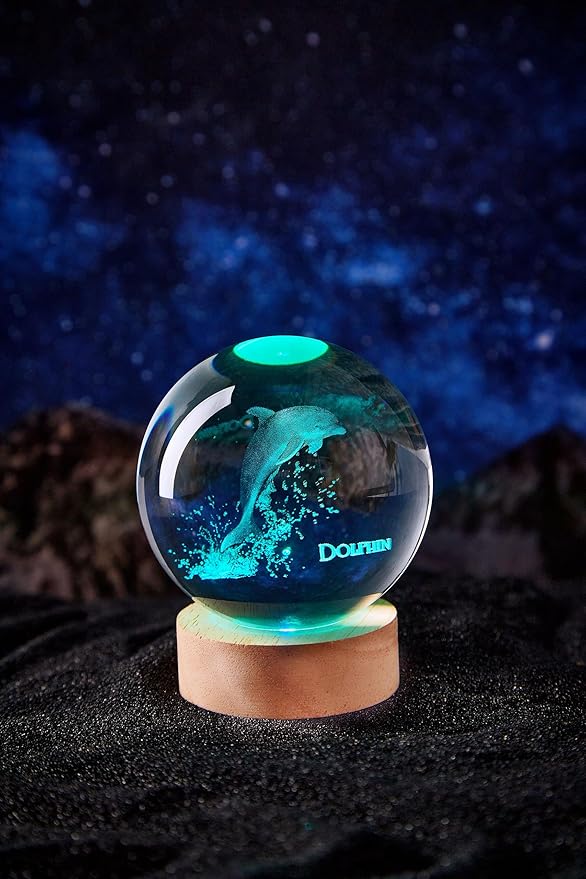 Dolphin Crystal Ball Lamp with LED Wooden Base, 16 Colors Change & Remote Control Sea World Crystal Ball Night Light, Upgraded 3.15 Inch Glass Light, Gift for Kids Wife Girlfriend (Dolphin)