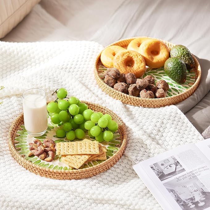 Rattan Tray with Mother of Pearl Inlay, Round Rattan Serving Tray with Wooden Base, Decorative Wicker Basket for Table Decor, Mosaic Tray for Storage and Display of Jewelry Coffee Food (Aqua Green)
