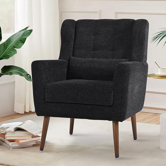 Modern Accent Chair, Upholstered Arm Chair with Waist Pillow, Single Sofa Chair for Living Room Bedroom Small Spaces (Black)
