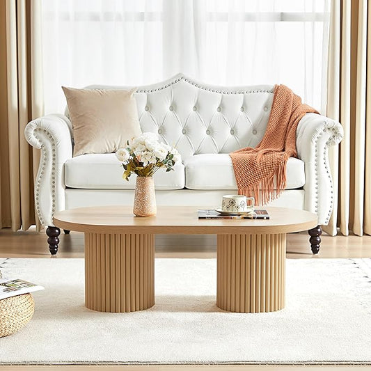 AVZEAR Fluted Oval Coffee Table for Living Room, Boho Modern Coffee Table with Fluted Legs, Curved Round Wood Center Table for Home, Small Spaces, Office, Natural Color(39.38" x 19.69" x 13.78")