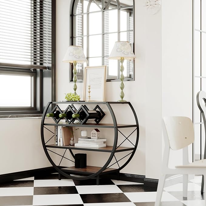 Demilune Console Table Industrial Entryway Table with 4-Tier Open Storage Shelf Wood and Metal Christmas Sofa Table with Wine Rack for Living Room Hallway Display Vintage Rustic Brown