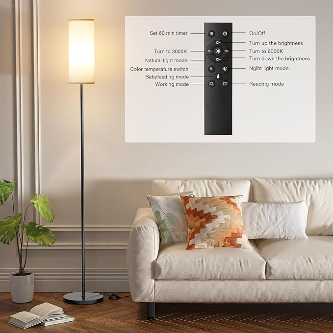 Ambimall 66'' Floor Lamps for Living Room with Remote Control and Stepless Dimmable Colors Temperature & Brightness, 9W Bulb Included(White Lampshade & Black Pole)