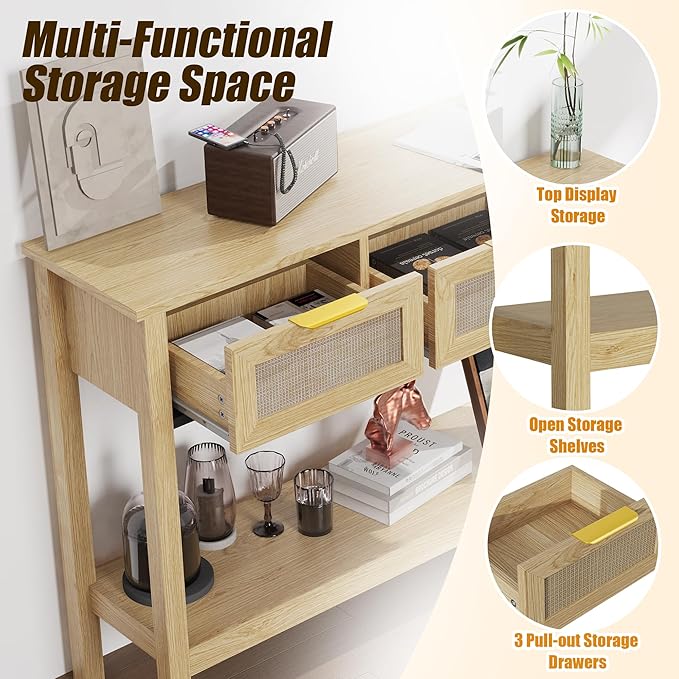 Entryway Table, Rattan Console Table with 3 Storage Drawers and Storage Shelf, Sofa Table with Socket, for Entryway, Living Room, Behind Couch and Hallway (Light Yellow)