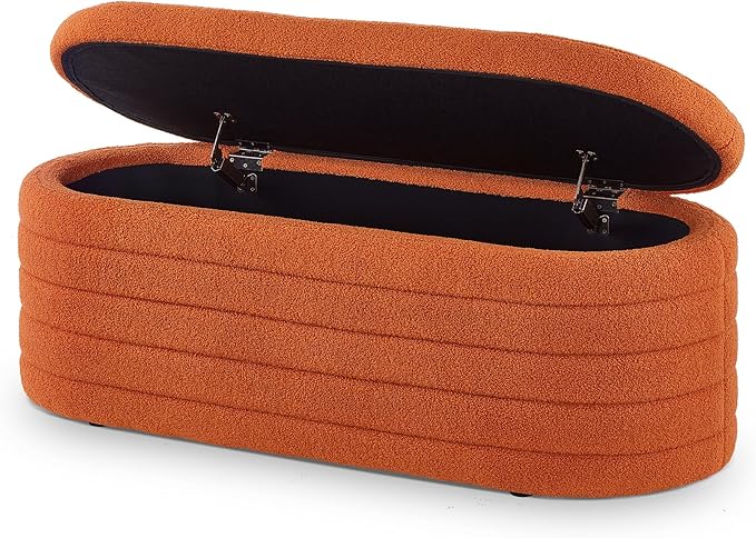 Storage Ottoman Bench End of Bed for Bedroom,43 inch Teddy Boucle Upholstered Entryway Shoe Seat Bench w/Storage,Sherpa Modern Cute Stool Foot Rest for Living Room,Window Seating,Orange