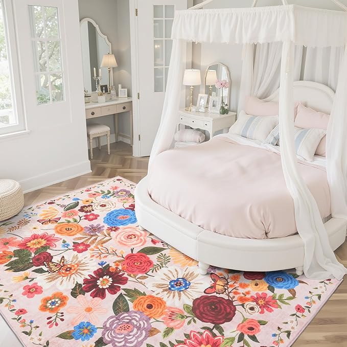Washable Area Rug 8x10, Large Soft Rugs for Living Room Floral Carpet 8x10 Area Rugs for Bedroom Dining Room Non-Slip Stain Resistant Under Table Rug(8 x 10, Beige/Pink Garden)