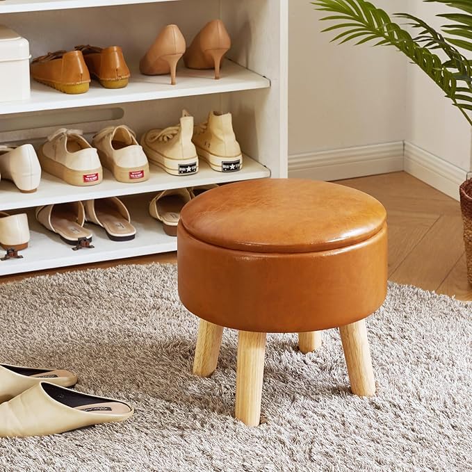 IBUYKE 13 Inch Foot Stool Ottoman with Storage, Round Small Foot Rest with Padded Seat and Wood Legs, PU Faux Leather Mini Footstool for Living Room Couch Bedroom Entryway, Yellowish-Brown WBD023J