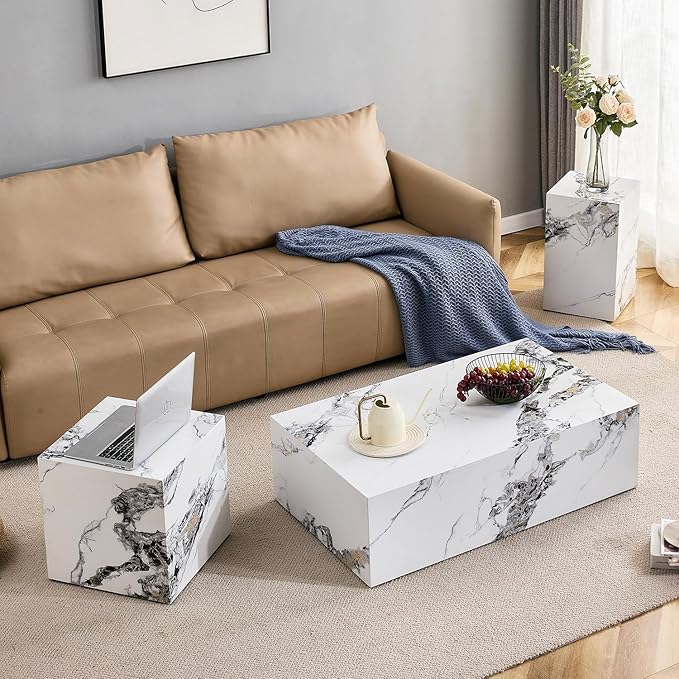 3 Pieces Living Room Sets Coffee Table, Side Table, End Tables for Apartment, Home Office, Small Space, Easy Assembly, White