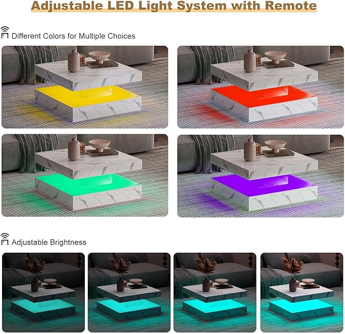 White Marble LED Coffee Table for Living Room, Living Room Table 2-Tier Square Middle Center Table, Modern Coffee Tables with Storage, Contemporary Wood Tea Tables for Dining Reception