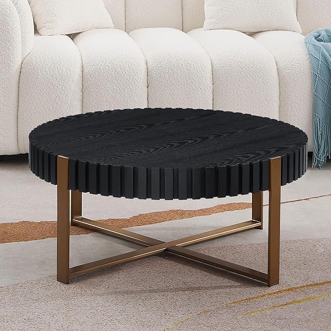 Black Round Coffee Table for Living Room, 31.5" Modern Handcraft Drum Coffee Table, Circle Wood Side Table End Table Accent Center Table, Small Coffee Table with Sturdy Pedestal, Black