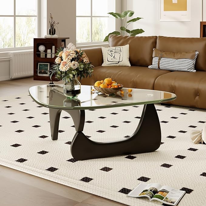 Coffee Table for Living Room Mid Century Modern Center Table with Glass Top, Black Transparent
