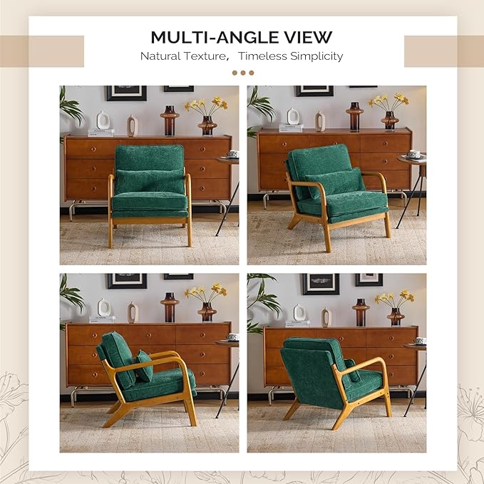 VINGLI Chenille Mid-Century Modern Accent Chair Set of 2, Cute Reading Arm Chair with Cushion & Lumbar Pillow & Solid Wood Frame for Lounge, Living Room, Reading Room, Bedroom, Forest-Green
