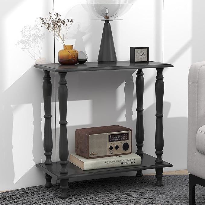 TaoHFE Narrow End Table - 2-Tier European Style Vintage Side Table for Living Room, Bedroom, Small Spaces - Black Wooden Retro Bedside Table