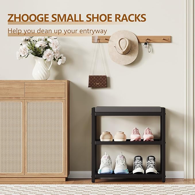 ZHOOGE Small Shoe Bench Shoe Rack Storage Bench Entryway Bench Shoe Shelf with Seat Cushion, Stable Shoe Organizer for Entryway, Living Room, Bench Seat Holds Up to 300 lb, (17"x 10"x 16", L x W x H)