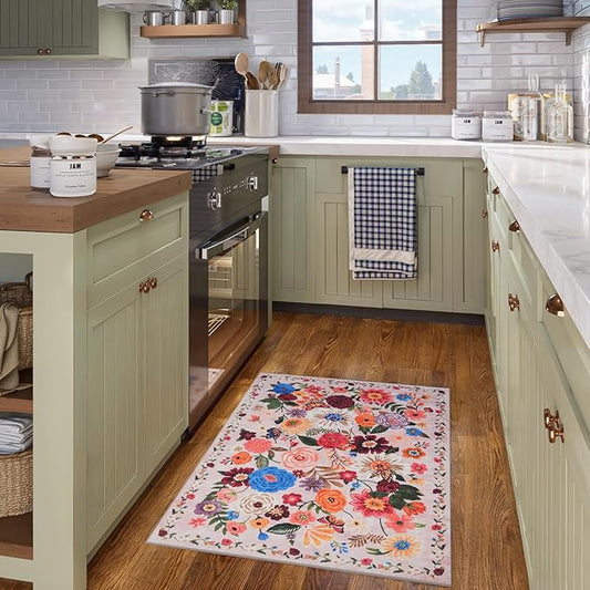 Area Rugs 24x17 Inch Home Decor Entry Rug, Small Door Mat Bath Mats for Bathroom, Ultra-Thin Non Slip Floral Low Pile Tub Mat for Sink Shower Doorway Tub Kitchen Sink(2 x 1.4 ft, Beige/Pink Garden)