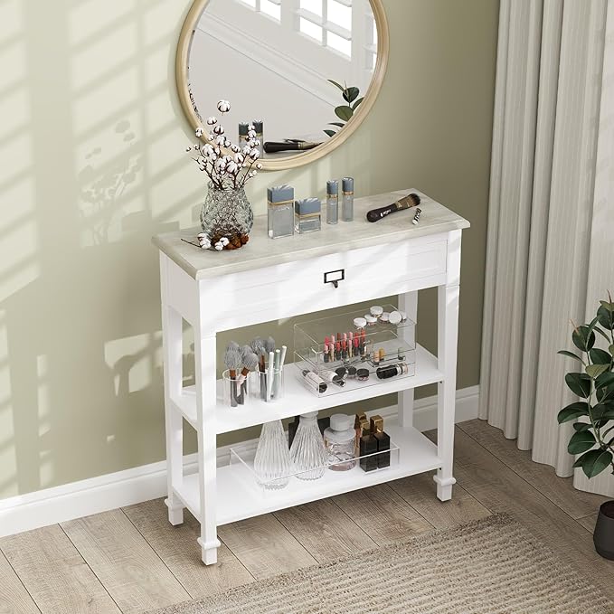 kinbor Accent White Console Table with Drawer and Shelf, Wood Sofa Table with Storage for Entryway Hallway Living Room
