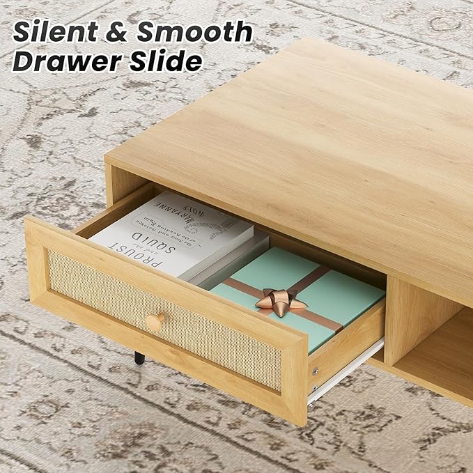 Farini Mid-Century Modern Coffee Table, 47 Inch Rectangle Console Table with Drawer & Shelf, Wooden Coffee Table for Living Room, Office, Nature