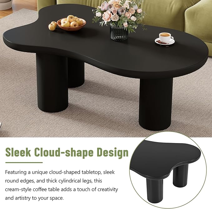 GDFStudio 44'' Cloud-Shaped Coffee Table,Minimalist Center Table with 3 Sturdy Legs & 1.5'' Thick Top,Easy Assembly Round Edge Irregular End Table for Living Room, Bedroom,or Patio,Black