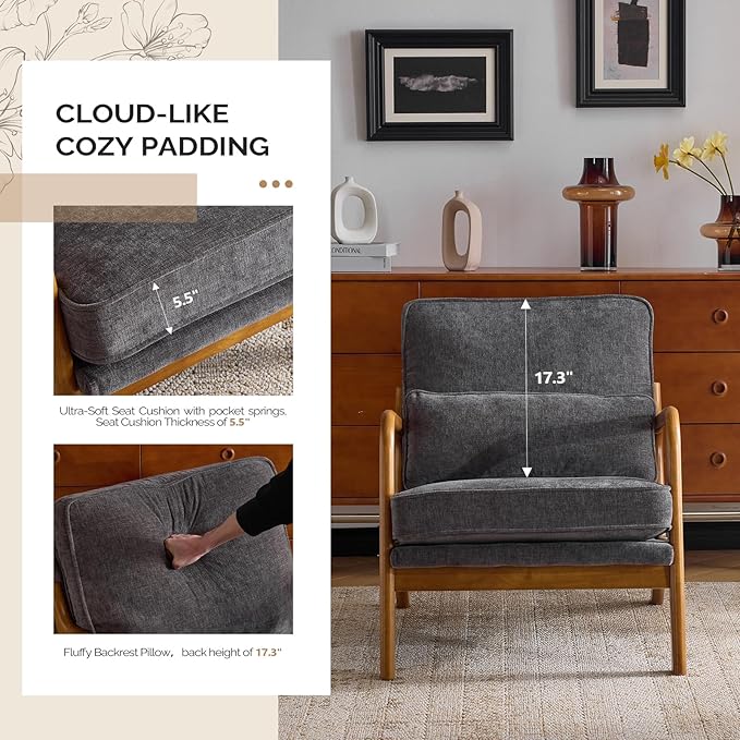 VINGLI Chenille Mid-Century Modern Accent Chair Set of 2, Cute Reading Arm Chair with Cushion & Lumbar Pillow & Solid Wood Frame for Lounge, Living Room, Reading Room, Bedroom, Dark-Gray