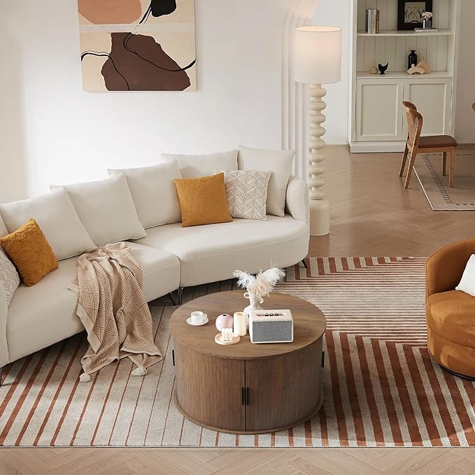 Coffee Table with Storage,31.5" Wood Round Coffee Table Hidden Storage and Open Shelves with 360°Curved Sliding Door,for Living Room Office Apartment,Brown