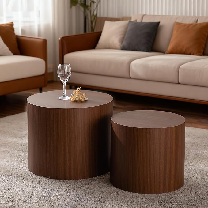 Nesting Round Coffee Table Set of 2, Small Circle Accent End Table for Small Spaces, Morden Drum Side Table, Wooden Center Table for Living Room, Fully Assembled - Dark Walnut