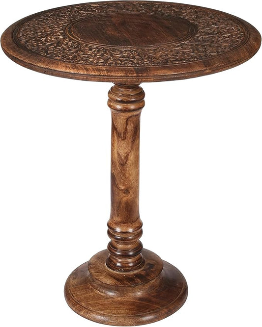 Goroly Home Hand Carved Wooden Pillar Table Pillar, Small End Table Nightstand Bedside Table for Living Room, Magazines, Books & Plants - 18x22 Inch - Antique Burnt