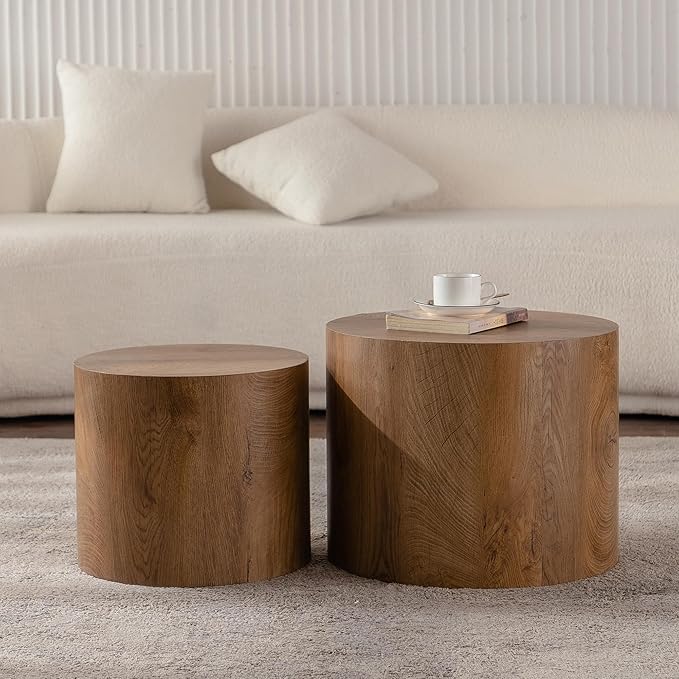 Nesting Coffee Table Set of 2, Modern Round Wooden Circle Accent Coffee Tables for Small Spaces Living Room Bedroom Balcony Office Drum Side Table