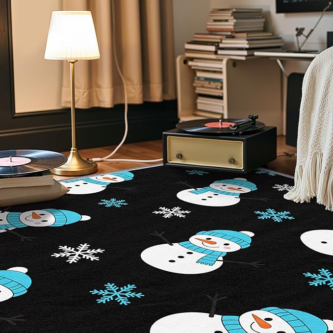 Snowman Rug Blue - 6x9 Rug, Snowflake Living Room Rugs, Snowman Bedroom Rugs, Kids Cartoon Xmas Carpet, Christmas Home Decor & Gifts