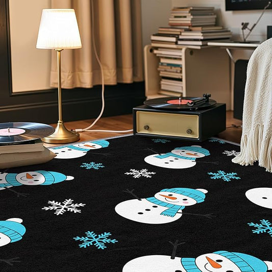 Snowman Rug Blue - 4x5 Rug, Snowflake Living Room Rugs, Snowman Bedroom Rugs, Kids Cartoon Xmas Carpet, Christmas Home Decor & Gifts