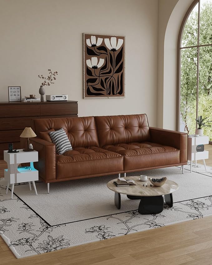 White Nightstand with Charging Station and LED Lights,Modern Bedside Table with 2 Storage Drawer,Night Stand with Solid Wood Legs,White (White-2)