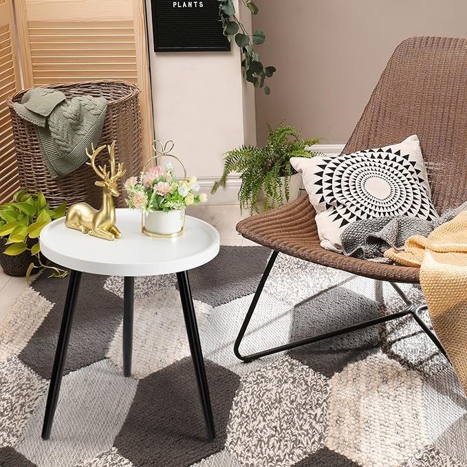 danpinera Round Side Table, Metal Legged Accent Table with Wooden Tray, Small Round End Table for Living Room, Bedroom, Nursery, White & Black