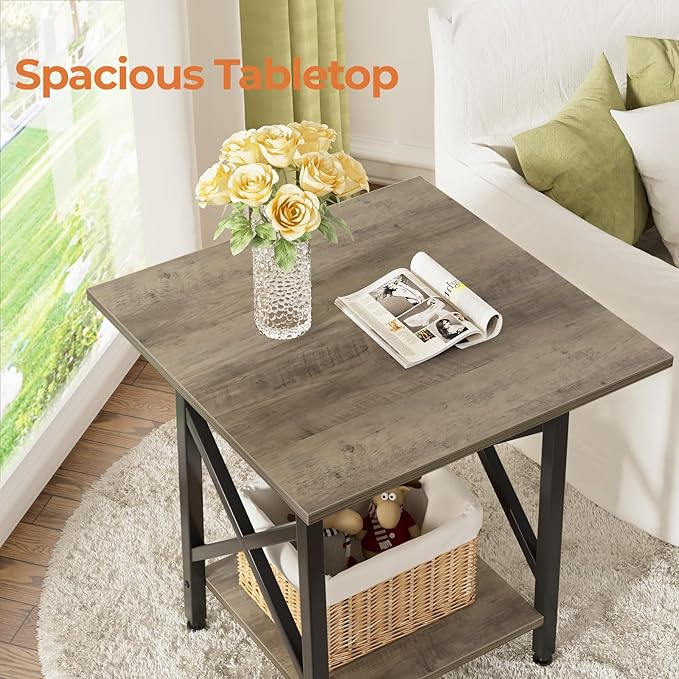 GreenForest End Table 24 inch for Living Room, Large Square Side Tables with X-Frame, Tall Industrial Bedside Nightstand with 2-Tier Storage, Gray Wash