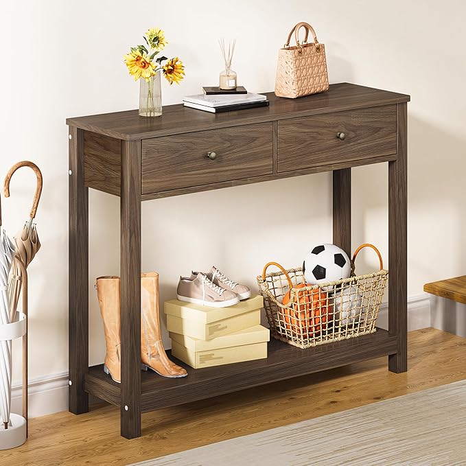 Gizoon Console Table with 2 Drawers, 2-Tier Wood Entryway Table with Storage Shelves, 39" W Wood Accent Sofa Table for Front Hall, Hallway, Living Room, Dark Brown