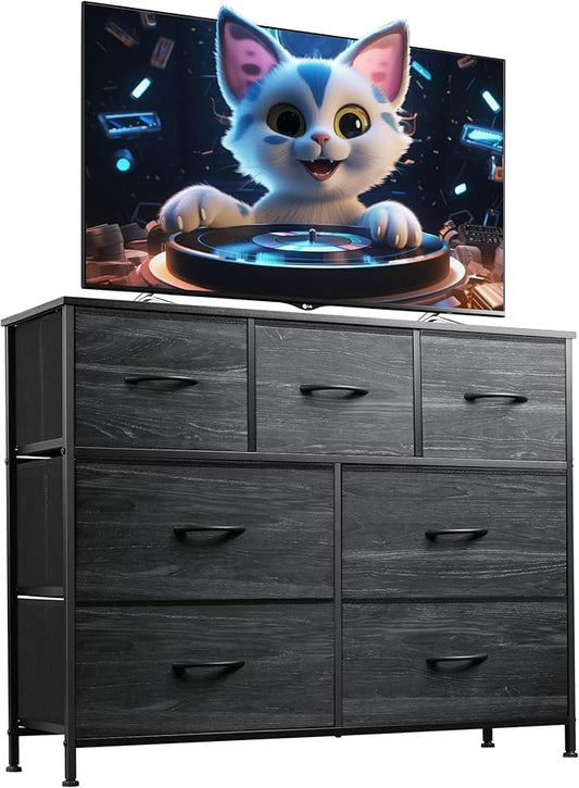 WLIVE 7 Drawer Dresser TV Stand, Entertainment Center, Media Console Table with Metal Frame and Wood Top for TV up to 45 inch, Chest of Drawers for Bedroom, Charcoal Black Wood Grain Print
