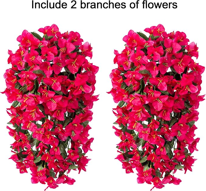 HyeFlora Bougainvillea Artificial Hanging Flowers Plants for Outdoors Decoration, 2pcs Fake Flowers Silk Bougainvillea Vines Realistic UV Resistant Faux Flowers for Planters Porch Patio Urn, Hot Pink