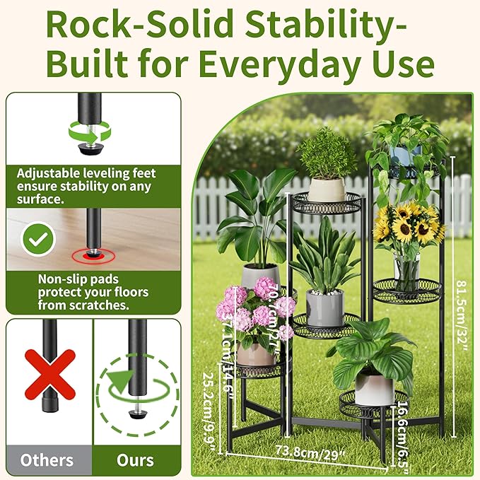 Plant Stand Indoor Outdoor, 7 Tier Large Plant Stand with 7.9-Inch Wide Drainage Tray, Tiered Corner Metal Iron Flower Display Holder Shelf, Folding Tall Rack for Patio Balcony Porch - BlackFlower