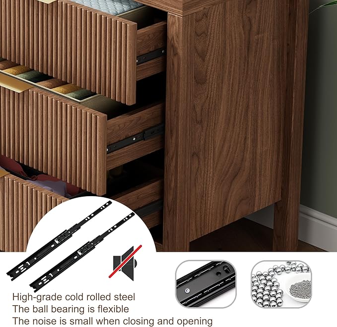 Fluted Nightstands Set of 2, Wooden Farmhouse Night Stands with 6 Drawer Bedside Table - Boho Tall End Table Accent Table for Bedroom, Living Room, Walnut