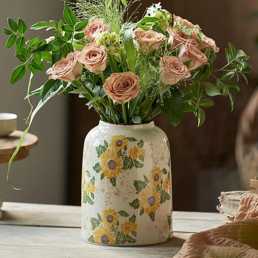 Levvohd Vintage Ceramic Vase, 7.9 Inch Chinoiserie Sunflower Yellow Floral Vases, Retro Ice Cracked Rustic Antique Flower Vases for Modern Coffee Table Home Decor (Medium Cylinder)