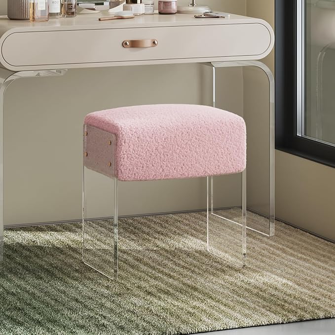 Vanity Stool Chair and Foot Rest -Modern Vanity Stool and Pouf Ottoman with Wool and Acrylic Leg for Makeup Room, Living Room, Bedroom Pink