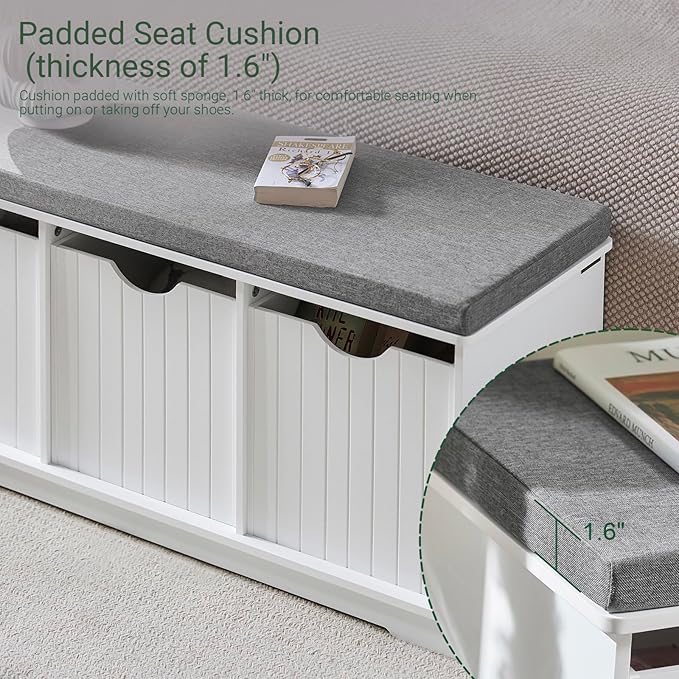 Haotian White Storage Bench with Drawers & Padded Seat Cushion, Hallway Shoe Cabinet Shoe Bench, FSR30-W