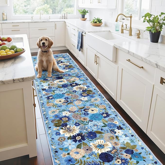 Floral Hallway Runner Carpet Non-Slip, 2x10 Washable Rug Ultra-Thin Soft for Hallways, Kitchen Mat Stain Resistant for Entryway Bathroom (2 x 10, Blue Garden)
