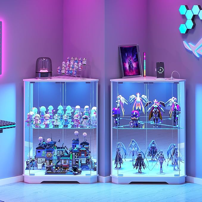 Corner Cabinet with Glass Doors, Small Storage Cabinet with LED Lights and Charging Station, 2-Tier Curio Cabinet with Storage for Living Room, Bedroom or Kitchen, White