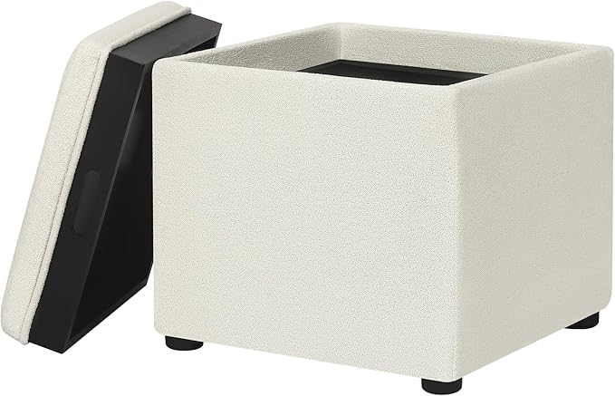 Adeco 17" White Square Storage Ottoman with Tray, Modern Cube Ottoman Coffee Table for Dorm, Bedroom (White with Tray)